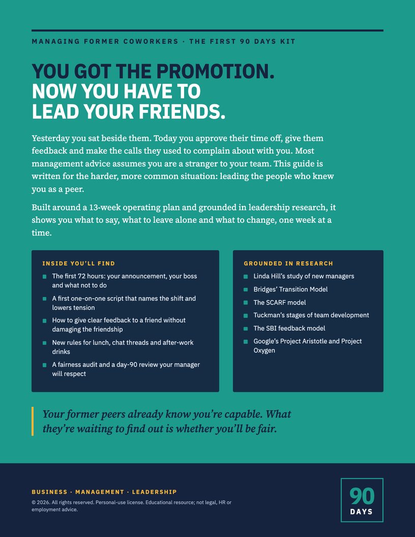Back cover: You got the promotion. Now you have to lead your friends.